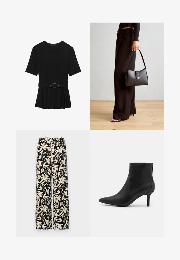 Svart kortermet topp laget av glatt materiale, med en peplum-design og en belted midje med to runde knapper i sølvfarge.; Sorte vide bukser med et cremet blomster mønster. Fremstillet af letvægtsstof, med en glat tekstur og en høj talje.; Anna Field Ankelboots - black; Svart håndveske med strukturert form, jevn tekstur og metallisk lås. Kombinert med brede svarte bukser og sandaler med åpen tå på tregulv.