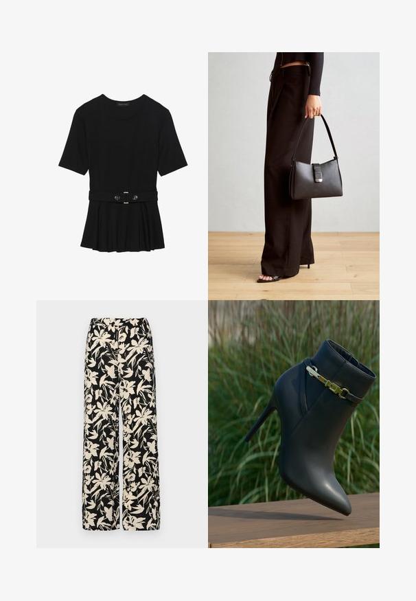 Top negro de manga corta fabricado en un material suave, con un diseño de peplum y una cintura ceñida con un cinturón que incluye dos botones redondos en tono plateado.; Pantalones de pierna ancha negros con un patrón floral crema. Fabricados en un tejido ligero, con una textura suave y una cintura alta.; Botín negro de tacón alto con punta afilada y detalle de hebilla dorada, exhibido sobre una superficie de madera con un fondo de follaje verde.; Bolso negro con forma estructurada, textura suave y un cierre metálico. Combinado con pantalones anchos negros y sandalias de dedo en un suelo de madera.