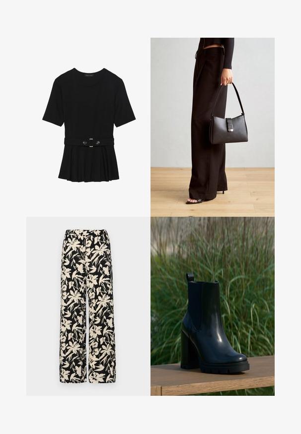 Top negru cu mâneci scurte, realizat dintr-un material neted, cu un design peplum și o talie beltată cu două butoane rotunde de culoare argintie.; Pantaloni negri cu croi larg, decorati cu un model floral crem. Fabricati dintr-un material usor, avand o textura neteda si un talie inalta.; Botină de gleznă din piele neagră lucioasă, cu toc înalt și gros, având capac de prindere, expusă pe o suprafață din lemn, cu un fundal de iarbă verde înaltă.; Genți negre cu o formă structurată, textură netedă și un închizător metalic. Asortată cu pantaloni negri largi și sandale cu vârf deschis pe un podea din lemn.