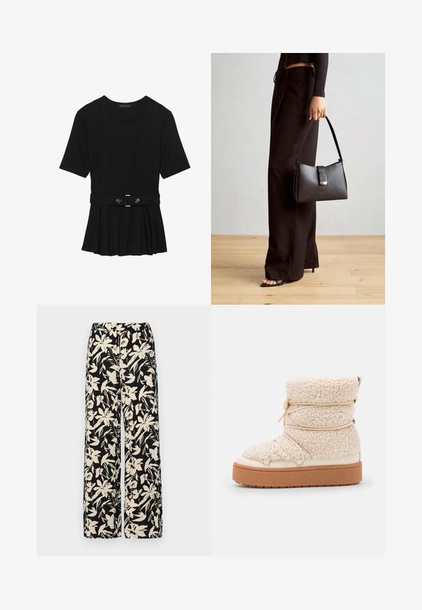 Czarna bluzka krótki rękaw wykonana z gładkiego materiału, z fasonem peplum i paskiem w talii z dwoma okrągłymi, srebrnymi guzikami.; Czarne spodnie wide-leg z kremowym kwiatowym wzorem. Wykonane z lekkiego materiału, o gładkiej teksturze i wysokim staniku.; Grube, kremowe botki z owczej skóry do kostki o teksturowanym wykończeniu, z elastycznymi detalami i grubą brązową platformą. Obecne akcenty z srebrnego metalu.; Czarna torebka o usztywnionym kształcie, gładkiej fakturze i metalowym zapięciem. Połączona z szerokimi czarnymi spodniami i sandałami na otwartym palcu na drewnianej podłodze.