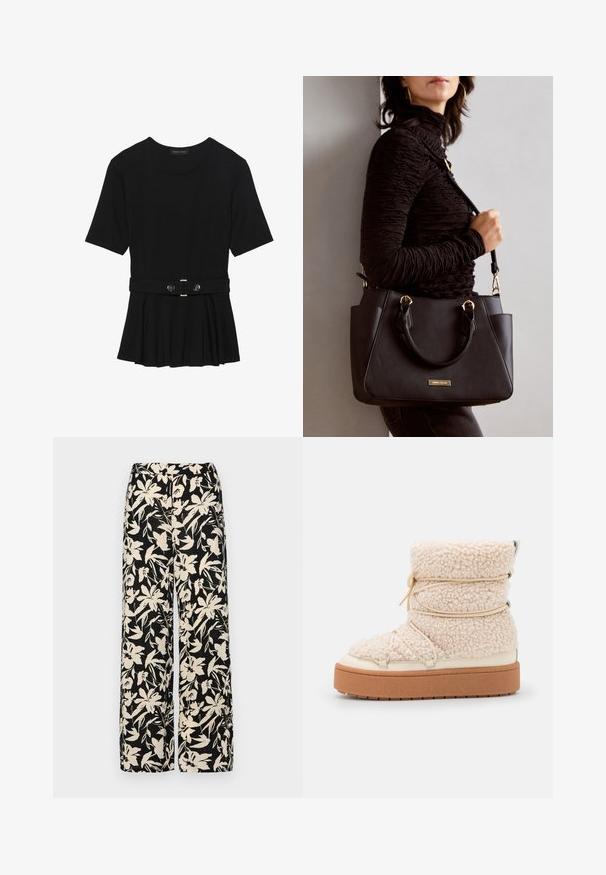 Schwarzes Kurzarmoberteil aus glattem Material, mit einem Peplum-Design und einem taillierten Bund, der mit zwei runden, silberfarbenen Knöpfen ausgestattet ist.; Schwarze weit geschnittene Hose mit einem cremefarbenen Blumenmuster. Hergestellt aus leichtem Stoff, mit einer glatten Textur und einem hohen Bund.; Stämmige, cremefarbene Shearling-Ankle-Boots mit strukturierter Oberfläche, elastischen Details und einer dicken braunen Plattformsohle. Akzente aus silbernem Metall sind vorhanden.; Schwarze Handtasche mit strukturierten Oberflächen, doppelten Obergriffen und verstellbarem Schultergurt. Mit goldfarbener Hardware und Seitentaschen.