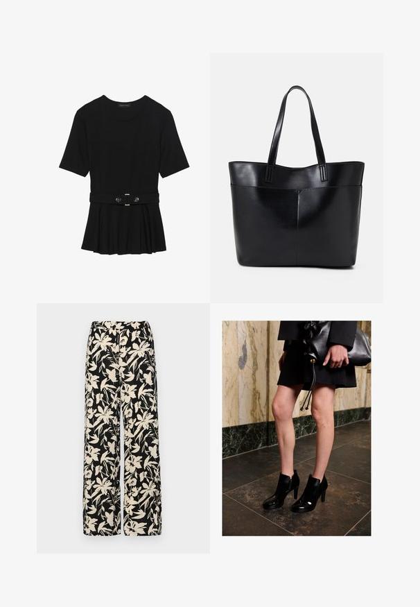 Fekete, rövid ujjú felső sima anyagból, peplum fazonnal és övvel a deréknál, két kerek, ezüst árnyalatú gombbal.; Fekete, bő szárú nadrág krém színű virágmintával. Könnyű anyagból készült, sima tapintású és magas derékrésszel rendelkezik.; Fekete bokacsizmát és fekete szoknyát viselő nő, aki egy nagy fekete bőrtáskát tart, sötét csempés padlón áll egy márványfal közelében.; Fekete bőr bevásárlótáska két hosszú fogantyúval, sima felülettel és strukturált formával. Elülső zseb található rajta a plusz tárolás érdekében.