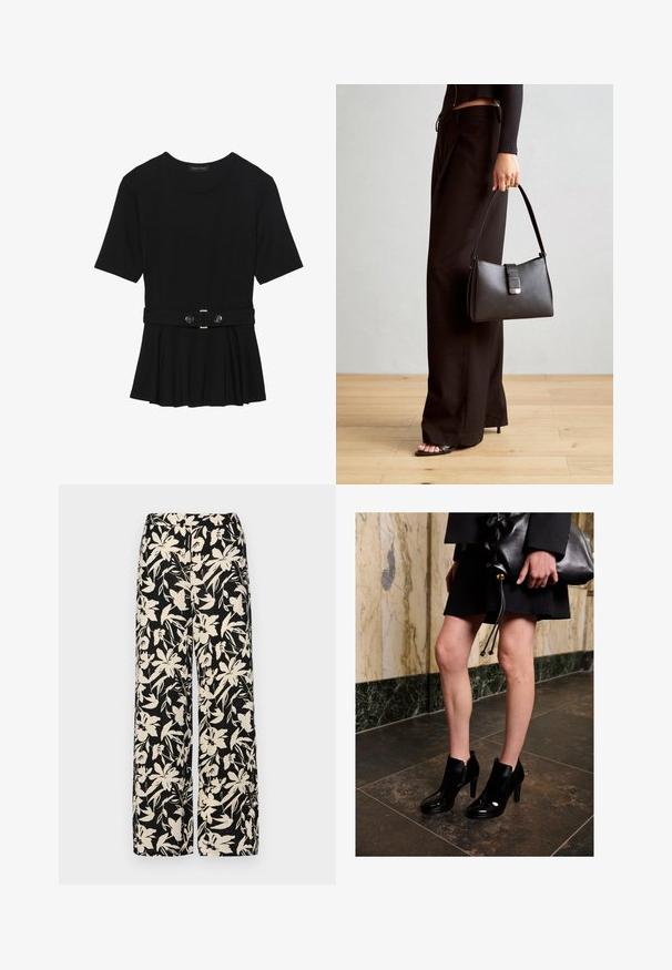 Černé krátké tričko vyrobené z hladkého materiálu, s peplum designem a opaskem v pase, ozdobené dvěma kulatými, stříbrnými knoflíky.; Černé kalhoty s širokými nohavicemi a krémovým květinovým vzorem. Vyrobené z lehké tkaniny, s hladkým povrchem a vysokým pasem.; Žena v černých kotníkových botách a černé sukni, držící velkou černou koženou kabelku, stojící na tmavé dlaždicové podlaze u mramorové zdi.; Černá kabelka se strukturovaným tvarem, hladkým povrchem a kovovým uzávěrem. Kombinována s širokými černými kalhotami a sandály s otevřenou špičkou na dřevěné podlaze.