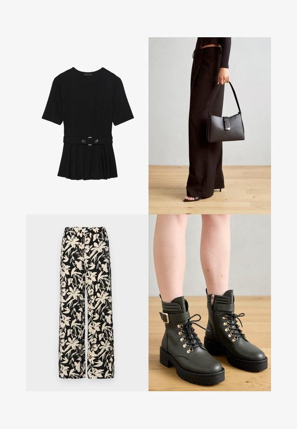 Černé krátké tričko vyrobené z hladkého materiálu, s peplum designem a opaskem v pase, ozdobené dvěma kulatými, stříbrnými knoflíky.; Černé kalhoty s širokými nohavicemi a krémovým květinovým vzorem. Vyrobené z lehké tkaniny, s hladkým povrchem a vysokým pasem.; Tmavě zelené kotníkové boty vyrobené z hladké kůže, s šněrováním, zlatými očky a bočním zipem, s robustní černou podrážkou s výrazným vzorkem.; Černá kabelka se strukturovaným tvarem, hladkým povrchem a kovovým uzávěrem. Kombinována s širokými černými kalhotami a sandály s otevřenou špičkou na dřevěné podlaze.