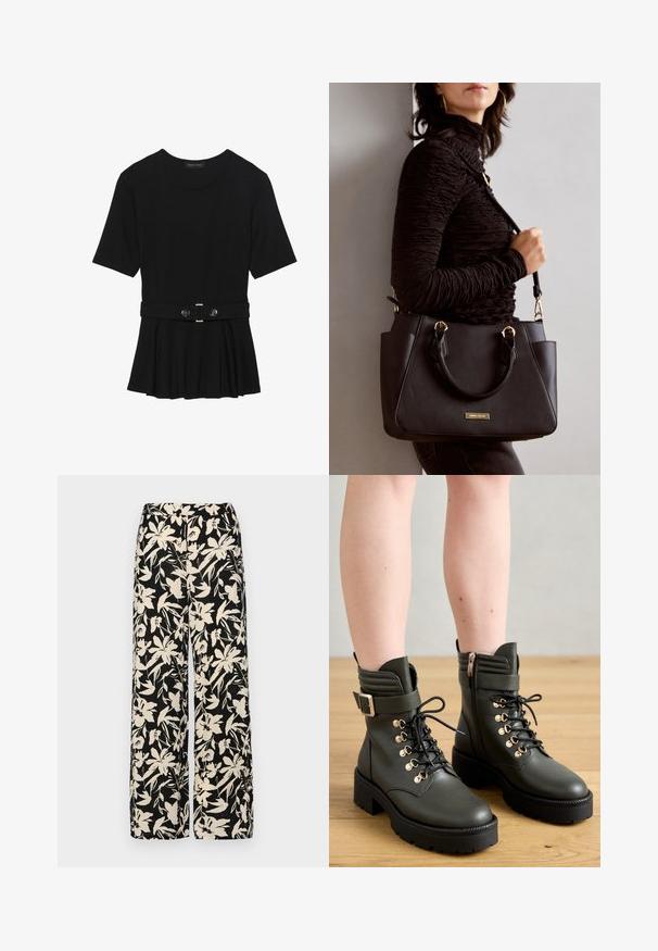 Black short-sleeve top made of smooth material, featuring a peplum design and a belted waist with two round, silver-tone buttons.; Black wide-leg pants with a cream floral pattern. Made of lightweight fabric, featuring a smooth texture and a high waistband.; Dark green ankle boots made of smooth leather, featuring laces, gold-tone eyelets, and a side zipper, with a chunky black treaded sole.; Black handbag with textured surface, dual top handles, and adjustable shoulder strap. Features gold-tone hardware and side pockets.