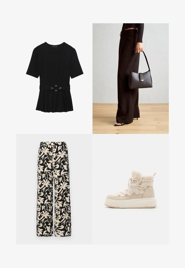 Haut noir à manches courtes fabriqué en matériau lisse, avec un design peplum et une taille ceinturée ornée de deux boutons ronds en métal argenté.; Pantalon large noir avec un motif floral crème. Fabriqué en tissu léger, il présente une texture lisse et une taille haute.; Bottes d'hiver beiges avec une texture pelucheuse, un design à lacets, des accessoires en or et une semelle épaisse pour plus de hauteur et d'isolation.; Sac à main noir à la forme structurée, texture lisse et fermoir métallique. Associé à un pantalon noir ample et des sandales ouvertes sur un sol en bois.