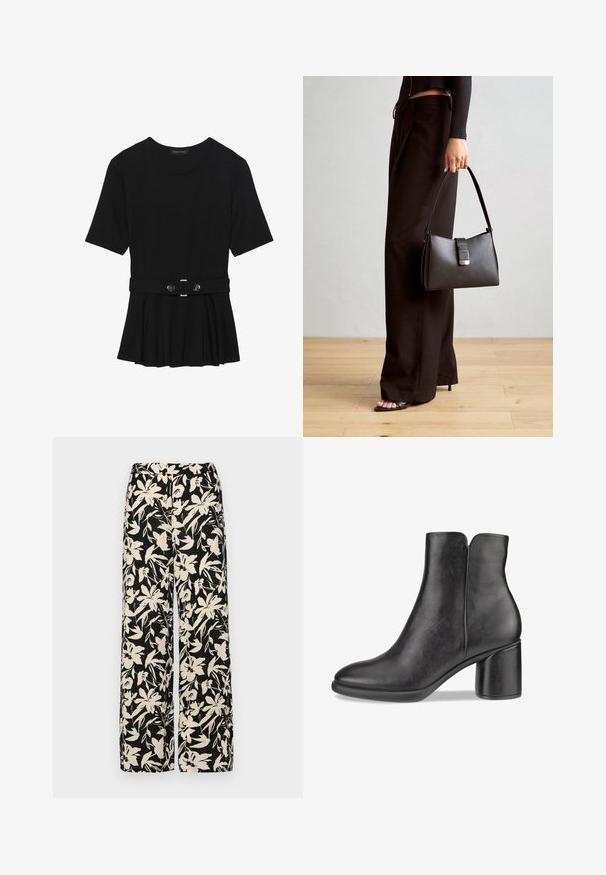 Top negru cu mâneci scurte, realizat dintr-un material neted, cu un design peplum și o talie beltată cu două butoane rotunde de culoare argintie.; Pantaloni negri cu croi larg, decorati cu un model floral crem. Fabricati dintr-un material usor, avand o textura neteda si un talie inalta.; Botine din piele neagră până la glezna, cu vârful rotunjit, toc de înălțime medie și o textură netedă. Au un spate decupat și un design minimalist.; Genți negre cu o formă structurată, textură netedă și un închizător metalic. Asortată cu pantaloni negri largi și sandale cu vârf deschis pe un podea din lemn.