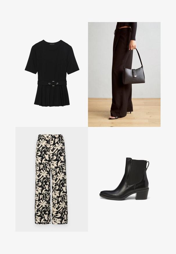 Czarna bluzka krótki rękaw wykonana z gładkiego materiału, z fasonem peplum i paskiem w talii z dwoma okrągłymi, srebrnymi guzikami.; Czarne spodnie wide-leg z kremowym kwiatowym wzorem. Wykonane z lekkiego materiału, o gładkiej teksturze i wysokim staniku.; Czarne skórzane botki za kostkę z elastycznymi panelami po bokach, spiczastym czubkiem i blokowym obcasem. Posiadają pętelkę ułatwiającą zakładanie.; Czarna torebka o usztywnionym kształcie, gładkiej fakturze i metalowym zapięciem. Połączona z szerokimi czarnymi spodniami i sandałami na otwartym palcu na drewnianej podłodze.