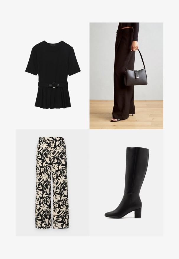 Svart kortermet topp laget av glatt materiale, med en peplum-design og en belted midje med to runde knapper i sølvfarge.; Sorte vide bukser med et cremet blomster mønster. Fremstillet af letvægtsstof, med en glat tekstur og en høj talje.; Anna Field Støvler - black; Svart håndveske med strukturert form, jevn tekstur og metallisk lås. Kombinert med brede svarte bukser og sandaler med åpen tå på tregulv.