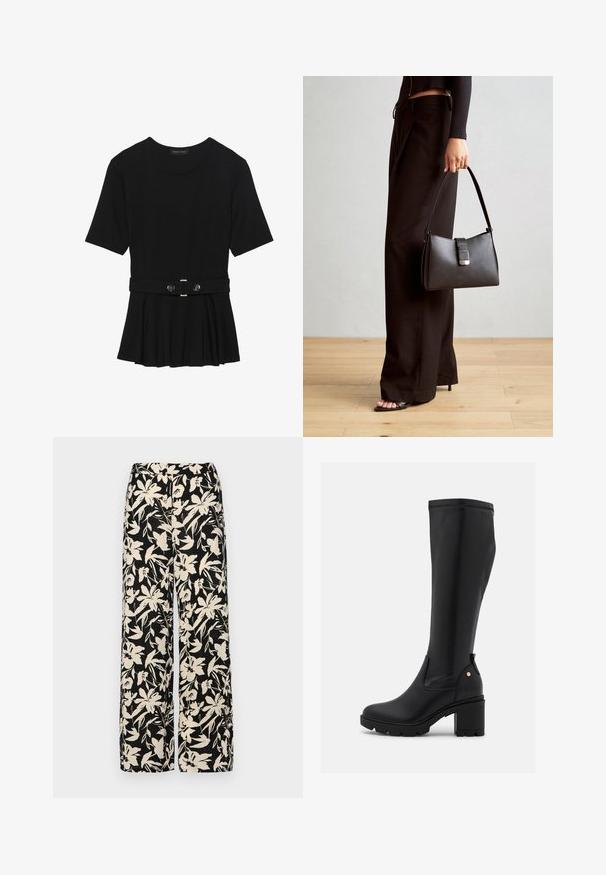 Czarna bluzka krótki rękaw wykonana z gładkiego materiału, z fasonem peplum i paskiem w talii z dwoma okrągłymi, srebrnymi guzikami.; Czarne spodnie wide-leg z kremowym kwiatowym wzorem. Wykonane z lekkiego materiału, o gładkiej teksturze i wysokim staniku.; Czarne kozaki do kolan wykonane z gładkiego materiału syntetycznego. Szeroki obcas blokowy i zaokrąglony nos, z bocznym przyciskiem akcentującym i elastycznym panelem.; Czarna torebka o usztywnionym kształcie, gładkiej fakturze i metalowym zapięciem. Połączona z szerokimi czarnymi spodniami i sandałami na otwartym palcu na drewnianej podłodze.