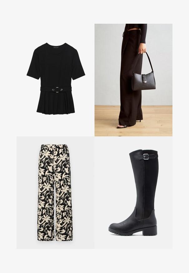 Haut noir à manches courtes fabriqué en matériau lisse, avec un design peplum et une taille ceinturée ornée de deux boutons ronds en métal argenté.; Pantalon large noir avec un motif floral crème. Fabriqué en tissu léger, il présente une texture lisse et une taille haute.; Botte noire montante jusqu'au genou avec un devant en cuir lisse, des panneaux en maille et un talon bloc bas avec une sangle et un détail de boucle.; Sac à main noir à la forme structurée, texture lisse et fermoir métallique. Associé à un pantalon noir ample et des sandales ouvertes sur un sol en bois.