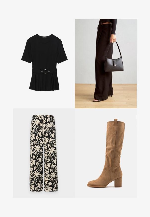 Top corto nero a maniche corte realizzato in materiale liscio, con design peplum e vita cintata adornata da due bottoni tondi in tono argento.; Pantaloni larghi neri con un motivo floreale crema. Realizzati in tessuto leggero, con una texture liscia e una vita alta.; Stivale in suede color cammello alto fino al ginocchio con tacco a blocco, caratterizzato da dettagli cuciti e un profilo slanciato per un aspetto moderno.; Borsa nera con forma strutturata, texture liscia e una chiusura metallica. Abbinata a pantaloni neri larghi e sandali open-toe su un pavimento in legno.