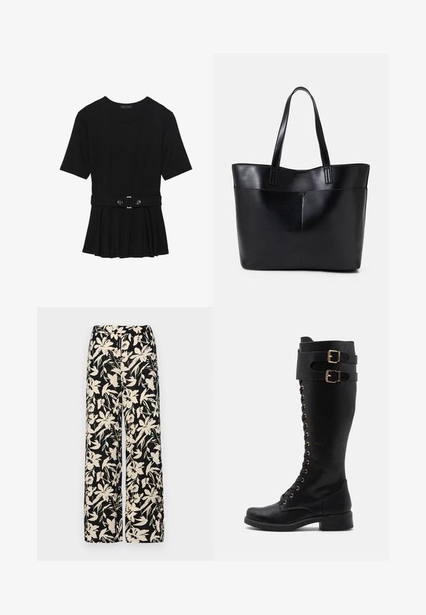 Sort kortærmet top lavet af glat materiale, med en peplum-design og en bælte i taljen med to runde, sølvfarvede knapper.; Sorte vide bukser med et mønster af cremefarvede blomster. Lavet af letvægtsstof, som har en glat tekstur og en høj talje.; Knæhøje sorte læderstøvler med guldkarm accents, der har snørebånd fortil, to spænder og en blokhæl.; Sort læder tote taske med to lange håndtag, en glat tekstur og en struktureret form. Har en forlommem for ekstra opbevaring.