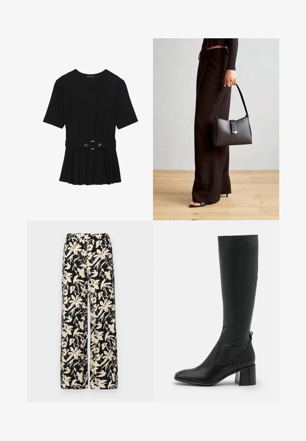 Czarna bluzka krótki rękaw wykonana z gładkiego materiału, z fasonem peplum i paskiem w talii z dwoma okrągłymi, srebrnymi guzikami.; Czarne spodnie wide-leg z kremowym kwiatowym wzorem. Wykonane z lekkiego materiału, o gładkiej teksturze i wysokim staniku.; Jeffrey Campbell JEREM - Kozaki; Czarna torebka o usztywnionym kształcie, gładkiej fakturze i metalowym zapięciem. Połączona z szerokimi czarnymi spodniami i sandałami na otwartym palcu na drewnianej podłodze.