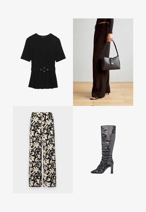 Fekete, rövid ujjú felső sima anyagból, peplum fazonnal és övvel a deréknál, két kerek, ezüst árnyalatú gombbal.; Fekete, bő szárú nadrág krém színű virágmintával. Könnyű anyagból készült, sima tapintású és magas derékrésszel rendelkezik.; Térdig érő, fekete flitteres csizma hegyes orral, formázott sarkal és gyűrt textúrával a szárán, amely illeszkedő sziluettet kölcsönöz.; Fekete kézi táska strukturált formával, sima textúrával és fémből készült záródással. Széles fekete nadrággal és nyitott orrú szandállal párosítva, fából készült padlón.