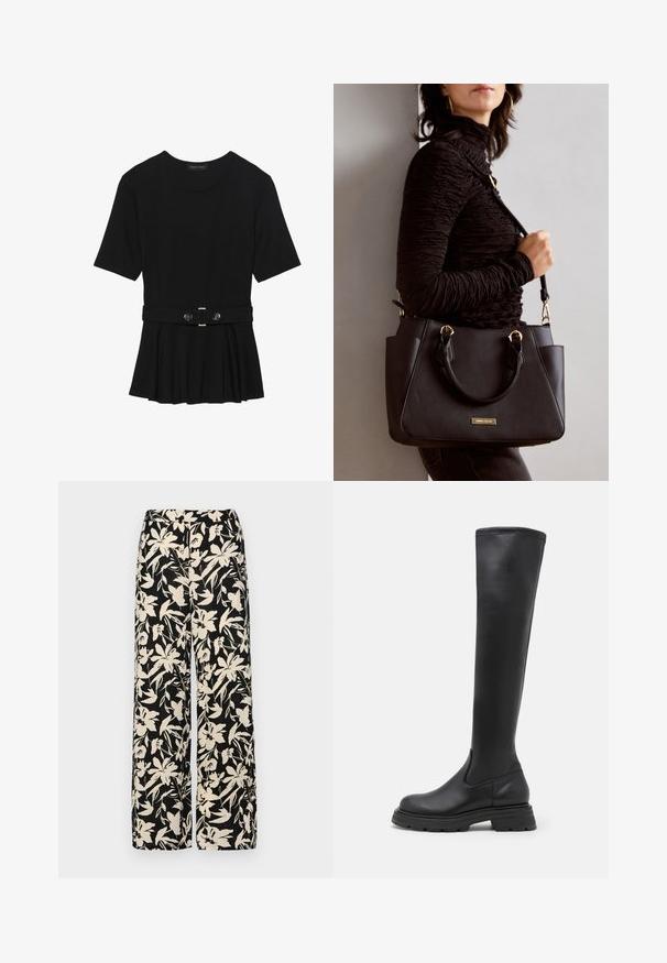 Sort kortærmet top lavet af glat materiale, med en peplum-design og en bælte i taljen med to runde, sølvfarvede knapper.; Sorte vide bukser med et mønster af cremefarvede blomster. Lavet af letvægtsstof, som har en glat tekstur og en høj talje.; Sorte knæhøje støvler lavet af glat læder, med en chunky sål og et strømlinet design uden synlig hardware eller udsmykning.; Sort håndtaske med struktureret overflade, dobbelt topbærere og justerbar skulderrem. Udstyret med guldfarvet metalhardware og sidelommer.