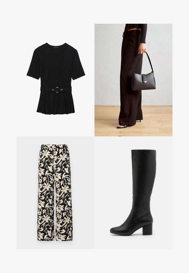 Svart kortermet topp laget av glatt materiale, med en peplum-design og en belted midje med to runde knapper i sølvfarge.; Sorte vide bukser med et cremet blomster mønster. Fremstillet af letvægtsstof, med en glat tekstur og en høj talje.; Knæhøye svarte skinnstøvler med en glatt tekstur, rund tå, sidepanel og en tykk blokkhæl.; Svart håndveske med strukturert form, jevn tekstur og metallisk lås. Kombinert med brede svarte bukser og sandaler med åpen tå på tregulv.