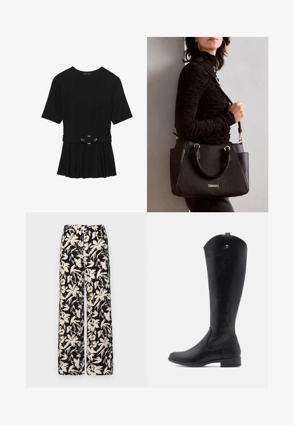 Haut noir à manches courtes fabriqué en matériau lisse, avec un design peplum et une taille ceinturée ornée de deux boutons ronds en métal argenté.; Pantalon large noir avec un motif floral crème. Fabriqué en tissu léger, il présente une texture lisse et une taille haute.; Bottes en cuir noir à hauteur de genou avec une texture lisse, un bout arrondi, un petit talon bloc, et un haut incurvé avec un détail en boucle à l'arrière.; Sac à main noir avec surface texturée, deux poignées supérieures et bandoulière réglable. Doté de quincaillerie dorée et de poches latérales.