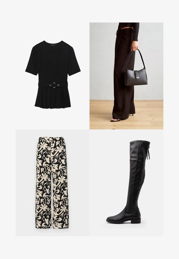 Schwarzes Kurzarmoberteil aus glattem Material, mit einem Peplum-Design und einem taillierten Bund, der mit zwei runden, silberfarbenen Knöpfen ausgestattet ist.; Schwarze weit geschnittene Hose mit einem cremefarbenen Blumenmuster. Hergestellt aus leichtem Stoff, mit einer glatten Textur und einem hohen Bund.; Schwarze Lederstiefel in kniehoher Ausführung mit glatter Textur, runder Zehenpartie und Gummisohle. Sie verfügen über ein figurbetontes Design und eine Schnürung hinten.; Schwarze Handtasche mit strukturierter Form, glatter Textur und einem metallischen Verschluss. Kombiniert mit weiten schwarzen Hosen und offenen Sandalen auf einem Holzboden.