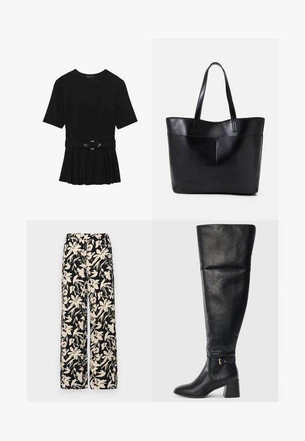 Svart kortermet topp laget av glatt materiale, med en peplum-design og en belted midje med to runde knapper i sølvfarge.; Sorte vide bukser med et cremet blomster mønster. Fremstillet af letvægtsstof, med en glat tekstur og en høj talje.; Svart kneehøye lærstøvler med blokkhæl og dekorativ stropp med gullspenne over ankelen, sideutsikt på hvit bakgrunn.; Svart lær toteveske med to lange håndtak, en glatt tekstur og en strukturert form. Har en frontlomme for ekstra oppbevaring.