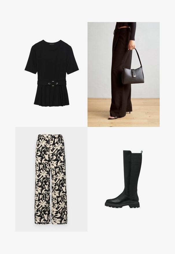 Top corto nero a maniche corte realizzato in materiale liscio, con design peplum e vita cintata adornata da due bottoni tondi in tono argento.; Pantaloni larghi neri con un motivo floreale crema. Realizzati in tessuto leggero, con una texture liscia e una vita alta.; Stivale nero fino al ginocchio con una parte anteriore in pelle liscia e un pannello in rete testurizzata sul retro, suola in gomma e una linguetta per indossarlo facilmente.; Borsa nera con forma strutturata, texture liscia e una chiusura metallica. Abbinata a pantaloni neri larghi e sandali open-toe su un pavimento in legno.