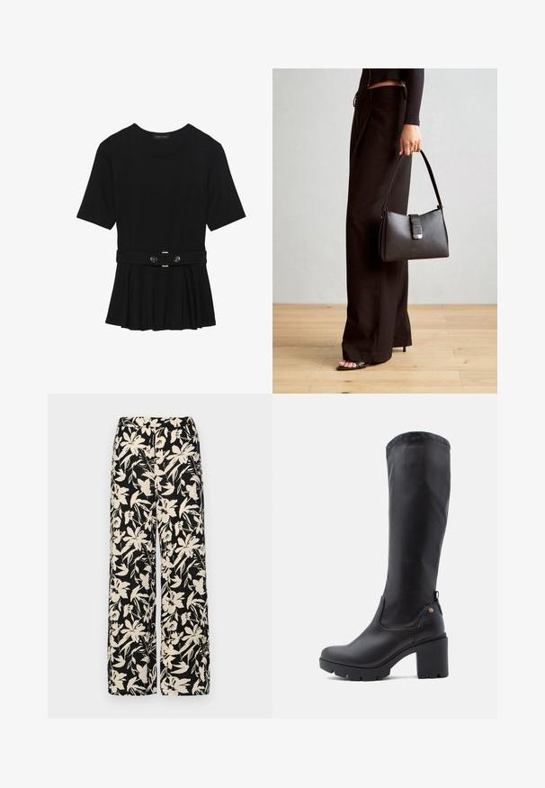 Fekete, rövid ujjú felső sima anyagból, peplum fazonnal és övvel a deréknál, két kerek, ezüst árnyalatú gombbal.; Fekete, bő szárú nadrág krém színű virágmintával. Könnyű anyagból készült, sima tapintású és magas derékrésszel rendelkezik.; Fekete, térdig érő csizmák sima bőrből, négyzet alakú orral, vaskos blokk sarokkal és textúrált gumitalppal. Diszkrét logórészlet jellemzi.; Fekete kézi táska strukturált formával, sima textúrával és fémből készült záródással. Széles fekete nadrággal és nyitott orrú szandállal párosítva, fából készült padlón.