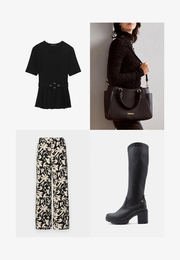 Svart kortermet topp laget av glatt materiale, med en peplum-design og en belted midje med to runde knapper i sølvfarge.; Sorte vide bukser med et cremet blomster mønster. Fremstillet af letvægtsstof, med en glat tekstur og en høj talje.; Sorte knelengde støvler laget av glatt lær med firkantet tå, chunky blokk hæl og teksturert gummisåle. Har en diskret logo-detalj.; Svart håndveske med teksturert overflate, doble topphåndtak og justerbar skulderrem. Har detaljer i gulltone og sidelommer.