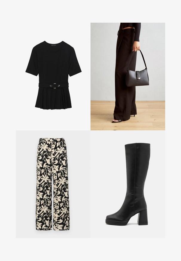 Top negru cu mâneci scurte, realizat dintr-un material neted, cu un design peplum și o talie beltată cu două butoane rotunde de culoare argintie.; Pantaloni negri cu croi larg, decorati cu un model floral crem. Fabricati dintr-un material usor, avand o textura neteda si un talie inalta.; Anna Field Cizme cu toc - black; Genți negre cu o formă structurată, textură netedă și un închizător metalic. Asortată cu pantaloni negri largi și sandale cu vârf deschis pe un podea din lemn.