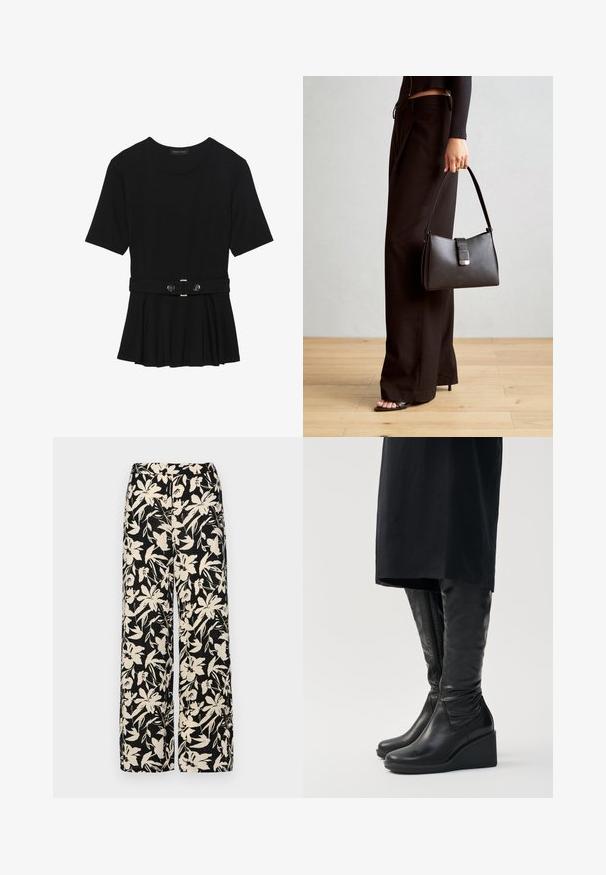 Black short-sleeve top made of smooth material, featuring a peplum design and a belted waist with two round, silver-tone buttons.; Black wide-leg pants with a cream floral pattern. Made of lightweight fabric, featuring a smooth texture and a high waistband.; Black leather knee-high boots with a wedge heel, featuring a smooth texture and a side zipper. Designed with a sleek, fitted silhouette.; Black handbag with structured shape, smooth texture, and a metallic clasp. Paired with wide black pants and open-toe sandals on wooden floor.