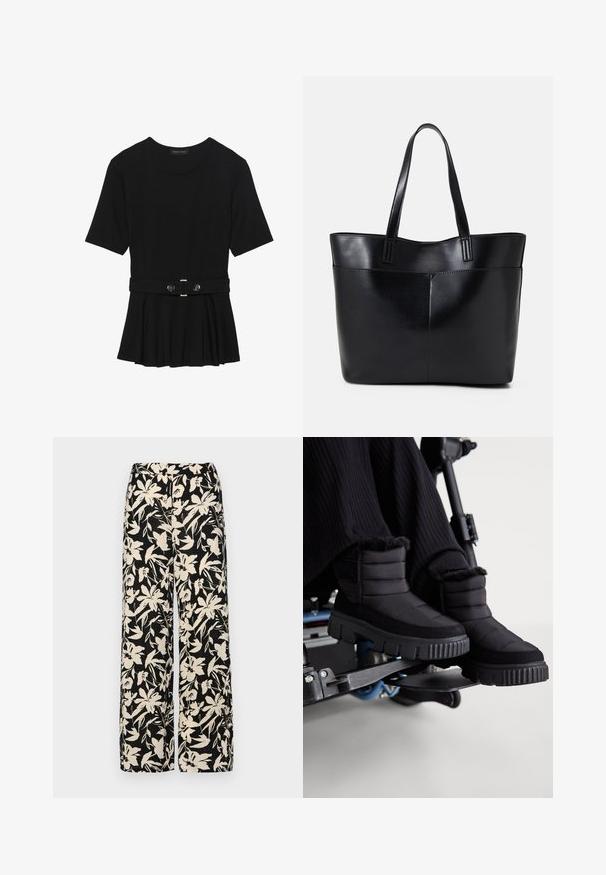 Zwart топ met korte mouwen van glad materiaal, voorzien van een peplum ontwerp en een riem in de taille met twee ronde, zilverkleurige knopen.; Zwarte wijde broek met een crèmekleurig bloemenpatroon. Gemaakt van lichtgewicht stof, met een zachte textuur en een hoge tailleband.; Zwarte waterdichte enkellaarsjes met een gequiltde textuur, zachte furry rand en een dikke, robuuste zool, op de achtergrond van een rolstoel.; Zwarte leren tote bag met twee lange handvatten, een zachte textuur en een gestructureerde vorm. Voorzien van een voorvak voor extra opslagruimte.