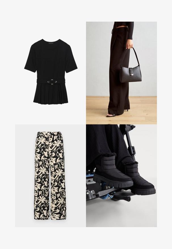 Sort kortærmet top lavet af glat materiale, med en peplum-design og en bælte i taljen med to runde, sølvfarvede knapper.; Sorte vide bukser med et mønster af cremefarvede blomster. Lavet af letvægtsstof, som har en glat tekstur og en høj talje.; Sorte vandtætte ankelstøvler med kviltet tekstur, blød pelskant og en tyk, robust sål, sat mod en baggrund af kørestol.; Sort håndtaske med struktureret form, glat overflade og metalspænde. Sammen med brede sorte bukser og sandaler med åben tå på trægulv.