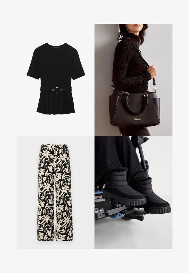 Sort kortærmet top lavet af glat materiale, med en peplum-design og en bælte i taljen med to runde, sølvfarvede knapper.; Sorte vide bukser med et mønster af cremefarvede blomster. Lavet af letvægtsstof, som har en glat tekstur og en høj talje.; Sorte vandtætte ankelstøvler med kviltet tekstur, blød pelskant og en tyk, robust sål, sat mod en baggrund af kørestol.; Sort håndtaske med struktureret overflade, dobbelt topbærere og justerbar skulderrem. Udstyret med guldfarvet metalhardware og sidelommer.