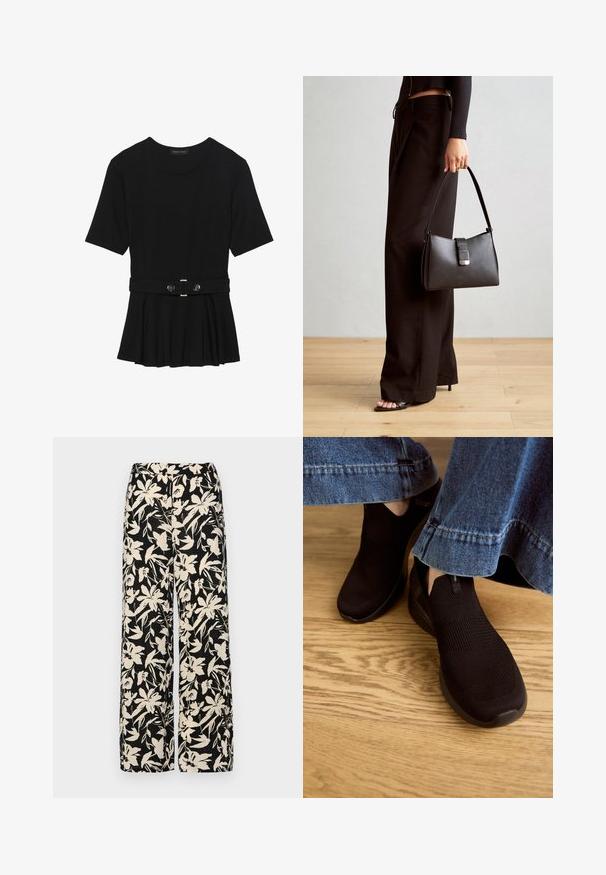 Black short-sleeve top made of smooth material, featuring a peplum design and a belted waist with two round, silver-tone buttons.; Black wide-leg pants with a cream floral pattern. Made of lightweight fabric, featuring a smooth texture and a high waistband.; Black slip-on shoes with a textured knit upper and elastic opening. Rounded toe shape and low-profile cushioned sole, worn with denim hem.; Black handbag with structured shape, smooth texture, and a metallic clasp. Paired with wide black pants and open-toe sandals on wooden floor.