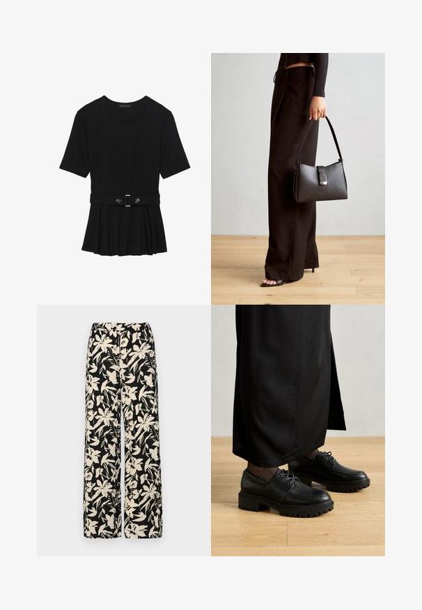 Fekete, rövid ujjú felső sima anyagból, peplum fazonnal és övvel a deréknál, két kerek, ezüst árnyalatú gombbal.; Fekete, bő szárú nadrág krém színű virágmintával. Könnyű anyagból készült, sima tapintású és magas derékrésszel rendelkezik.; Fekete bőrcipő, kerek orral, vastag gumitalppal és fűzővel. A dizájn díszítő varrást tartalmaz a felső részen.; Fekete kézi táska strukturált formával, sima textúrával és fémből készült záródással. Széles fekete nadrággal és nyitott orrú szandállal párosítva, fából készült padlón.