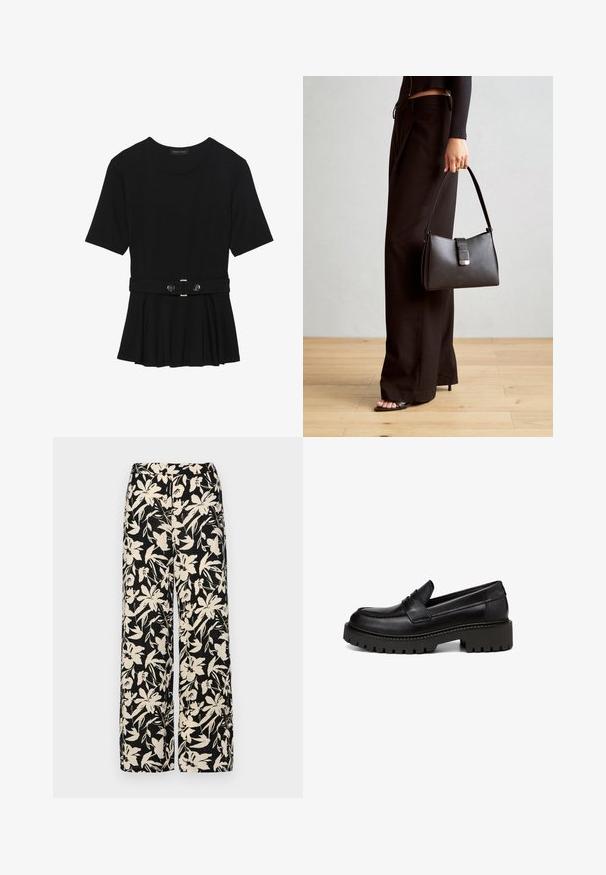 Must mustriga lühikeste varrukatega tipp, valmistatud siledast materjalist, millel on peplum-disain ja vöödiga talje, millel on kaks ümmargust, hõbedase tooni nuppu.; Mustad laiad püksid kreemja lillemustriga. Valmistatud kergest kangast, millel on sile tekstuur ja kõrge vöökoht.; Marc O'Polo LOAFER MIT ROBUSTER PROFIL - Jalga libistatavad jalanõud - black; Must musta kott, millel on struktureeritud kuju, sile tekstuur ja metallist klamber. Kombineeritud laiate mustade pükstega ja avatud varvaste sandaalidega puidust põrandal.