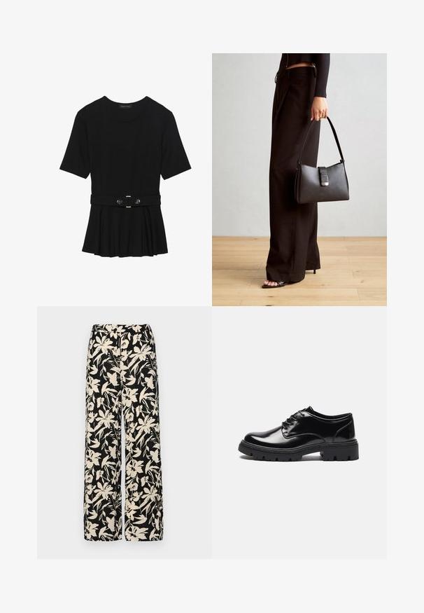 Zwart топ met korte mouwen van glad materiaal, voorzien van een peplum ontwerp en een riem in de taille met twee ronde, zilverkleurige knopen.; Zwarte wijde broek met een crèmekleurig bloemenpatroon. Gemaakt van lichtgewicht stof, met een zachte textuur en een hoge tailleband.; Anna Field Veterschoenen - black; Zwarte handtas met gestructureerde vorm, gladde textuur en een metalen sluiting. Gecombineerd met brede zwarte broeken en sandalen met open teen op een houten vloer.
