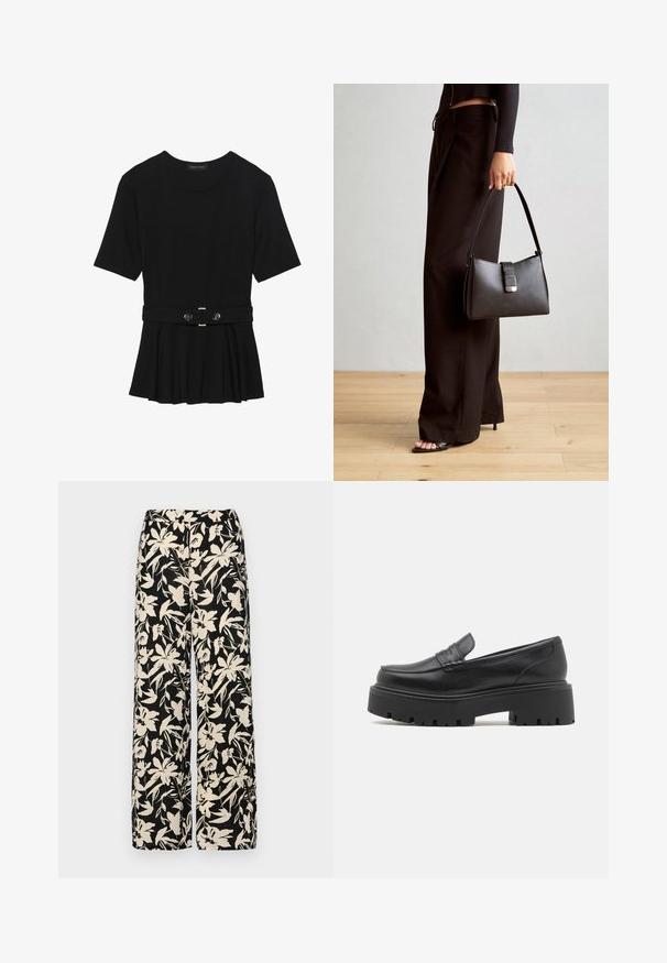 Must mustriga lühikeste varrukatega tipp, valmistatud siledast materjalist, millel on peplum-disain ja vöödiga talje, millel on kaks ümmargust, hõbedase tooni nuppu.; Mustad laiad püksid kreemja lillemustriga. Valmistatud kergest kangast, millel on sile tekstuur ja kõrge vöökoht.; Mustad mustad nahast loaferid madala, tükkidega kummitaldaga, ülaosas tikitud detailide ja siledaga tekstuuriga.; Must musta kott, millel on struktureeritud kuju, sile tekstuur ja metallist klamber. Kombineeritud laiate mustade pükstega ja avatud varvaste sandaalidega puidust põrandal.