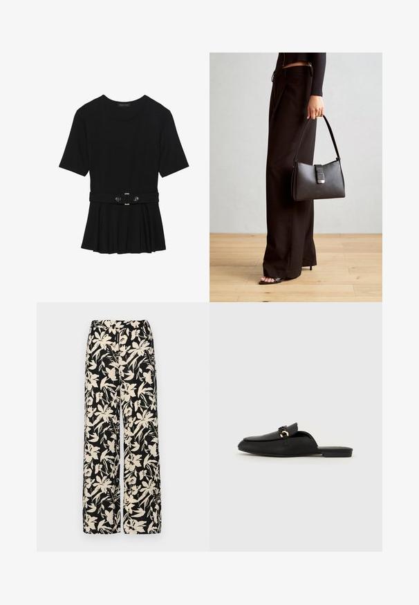 Must mustriga lühikeste varrukatega tipp, valmistatud siledast materjalist, millel on peplum-disain ja vöödiga talje, millel on kaks ümmargust, hõbedase tooni nuppu.; Mustad laiad püksid kreemja lillemustriga. Valmistatud kergest kangast, millel on sile tekstuur ja kõrge vöökoht.; Mustad must jalanõud, mis on valmistatud siledast nahast. Omab ümarat varbaosa, dekoratiivset punutud rihma ja väikest kuldset aktsenti. Lame tald.; Must musta kott, millel on struktureeritud kuju, sile tekstuur ja metallist klamber. Kombineeritud laiate mustade pükstega ja avatud varvaste sandaalidega puidust põrandal.