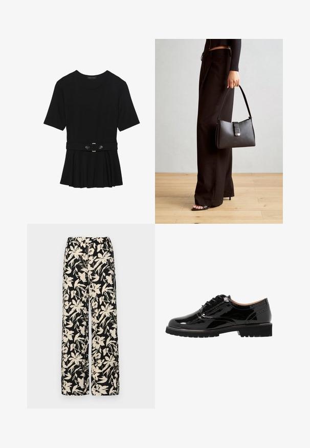 Top corto nero a maniche corte realizzato in materiale liscio, con design peplum e vita cintata adornata da due bottoni tondi in tono argento.; Pantaloni larghi neri con un motivo floreale crema. Realizzati in tessuto leggero, con una texture liscia e una vita alta.; Scarpe stringate in pelle verniciata nera con punta arrotondata, dettagli brogue, suola in gomma e finitura strutturata. Accentuate da piccoli occhielli.; Borsa nera con forma strutturata, texture liscia e una chiusura metallica. Abbinata a pantaloni neri larghi e sandali open-toe su un pavimento in legno.