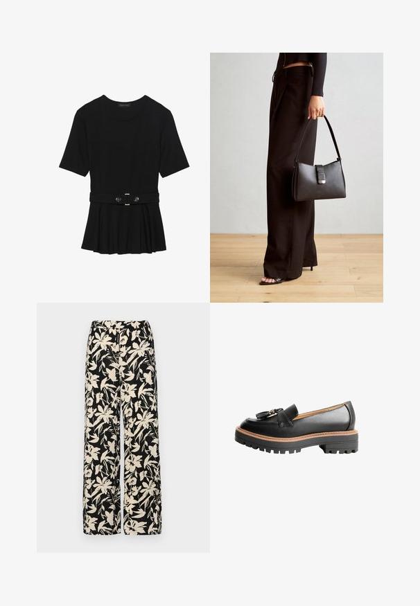 Fekete, rövid ujjú felső sima anyagból, peplum fazonnal és övvel a deréknál, két kerek, ezüst árnyalatú gombbal.; Fekete, bő szárú nadrág krém színű virágmintával. Könnyű anyagból készült, sima tapintású és magas derékrésszel rendelkezik.; Fekete bőr loafer lekerekített orral, díszes masnival és tömzsi fekete gumitalppal, amelynek kontrasztos barna varrása van.; Fekete kézi táska strukturált formával, sima textúrával és fémből készült záródással. Széles fekete nadrággal és nyitott orrú szandállal párosítva, fából készült padlón.