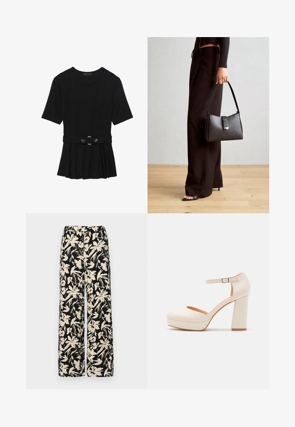 Black short-sleeve top made of smooth material, featuring a peplum design and a belted waist with two round, silver-tone buttons.; Black wide-leg pants with a cream floral pattern. Made of lightweight fabric, featuring a smooth texture and a high waistband.; Cream-colored platform heels with a rounded toe and adjustable ankle strap. Features a chunky block heel with a slight wood accent.; Black handbag with structured shape, smooth texture, and a metallic clasp. Paired with wide black pants and open-toe sandals on wooden floor.