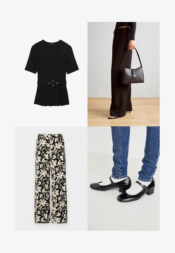 Černé krátké tričko vyrobené z hladkého materiálu, s peplum designem a opaskem v pase, ozdobené dvěma kulatými, stříbrnými knoflíky.; Černé kalhoty s širokými nohavicemi a krémovým květinovým vzorem. Vyrobené z lehké tkaniny, s hladkým povrchem a vysokým pasem.; Černé lakované Mary Jane boty s hranatou špičkou, malým podpatkem, nártním řemínkem a bílými ponožkami, doplněné o modré skinny džíny.; Černá kabelka se strukturovaným tvarem, hladkým povrchem a kovovým uzávěrem. Kombinována s širokými černými kalhotami a sandály s otevřenou špičkou na dřevěné podlaze.
