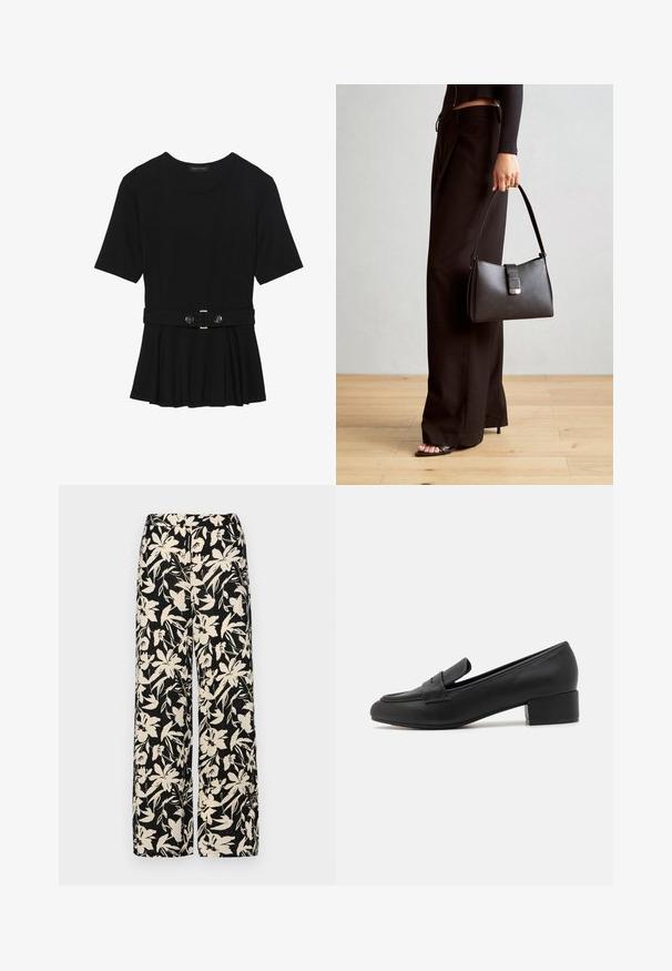 Top negru cu mâneci scurte, realizat dintr-un material neted, cu un design peplum și o talie beltată cu două butoane rotunde de culoare argintie.; Pantaloni negri cu croi larg, decorati cu un model floral crem. Fabricati dintr-un material usor, avand o textura neteda si un talie inalta.; Pantofii loafer din piele neagră au un toc mic pătrat, un design elegant, detalii cusute și o siluetă minimalistă.; Genți negre cu o formă structurată, textură netedă și un închizător metalic. Asortată cu pantaloni negri largi și sandale cu vârf deschis pe un podea din lemn.