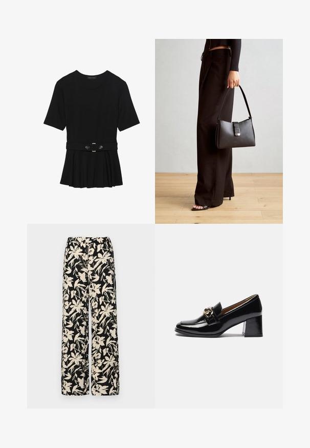 Crna majica kratkih rukava od glatkog materijala, s peplum dizajnom i pojasom s dva okrugla srebrna dugmeta.; Crne široke hlače s kremastim cvjetnim uzorkom. Izrađene od lagane tkanine, sa glatkom teksturom i visokim pojasom.; Crni lakirani kožni mokasini na petu s okruglim vrhom, debljim potplatom i zlatnim detaljem na prednjem remenu.; Crna torba s oblikom koji sadrži strukturu, glađu teksturu i metalnu kopču. Uparena s širokim crnim hlačama i sandalama na otvorenom s drvenog poda.