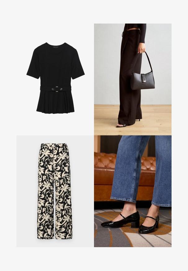 Svart kortermet topp laget av glatt materiale, med en peplum-design og en belted midje med to runde knapper i sølvfarge.; Sorte vide bukser med et cremet blomster mønster. Fremstillet af letvægtsstof, med en glat tekstur og en høj talje.; Svart lakkert lærpumps med spiss tå, blokkhelt og ankelstropp, iført vide denimjeans, på et mønstrete teppe.; Svart håndveske med strukturert form, jevn tekstur og metallisk lås. Kombinert med brede svarte bukser og sandaler med åpen tå på tregulv.