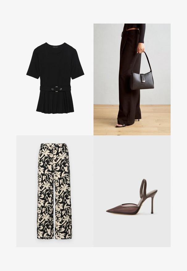 Fekete, rövid ujjú felső sima anyagból, peplum fazonnal és övvel a deréknál, két kerek, ezüst árnyalatú gombbal.; Fekete, bő szárú nadrág krém színű virágmintával. Könnyű anyagból készült, sima tapintású és magas derékrésszel rendelkezik.; Barna, slingback magas sarkú cipő, hegyes orral és hálós fedéssel. Vékony sarka van, és nyitott rész található az oldalakon.; Fekete kézi táska strukturált formával, sima textúrával és fémből készült záródással. Széles fekete nadrággal és nyitott orrú szandállal párosítva, fából készült padlón.