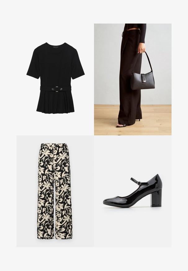 Haut noir à manches courtes fabriqué en matériau lisse, avec un design peplum et une taille ceinturée ornée de deux boutons ronds en métal argenté.; Pantalon large noir avec un motif floral crème. Fabriqué en tissu léger, il présente une texture lisse et une taille haute.; Pompe Mary Jane en cuir verni noir avec un bout rond, une bride à la cheville et un talon carré. Texture lisse et design élégant.; Sac à main noir à la forme structurée, texture lisse et fermoir métallique. Associé à un pantalon noir ample et des sandales ouvertes sur un sol en bois.