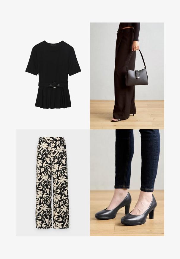 Černé krátké tričko vyrobené z hladkého materiálu, s peplum designem a opaskem v pase, ozdobené dvěma kulatými, stříbrnými knoflíky.; Černé kalhoty s širokými nohavicemi a krémovým květinovým vzorem. Vyrobené z lehké tkaniny, s hladkým povrchem a vysokým pasem.; Šedé kožené lodičky na vysokém podpatku s kulatou špičkou a hladkým povrchem. Nosené s tmavě modrými džíny, které zdůrazňují štíhlou siluetu.; Černá kabelka se strukturovaným tvarem, hladkým povrchem a kovovým uzávěrem. Kombinována s širokými černými kalhotami a sandály s otevřenou špičkou na dřevěné podlaze.