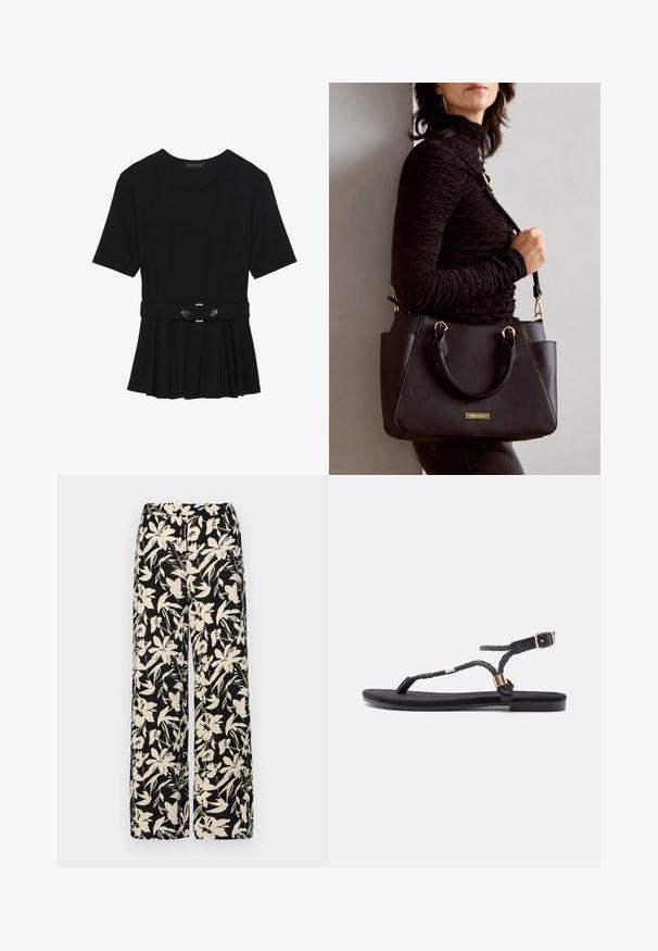 Top negru cu mâneci scurte, realizat dintr-un material neted, cu un design peplum și o talie beltată cu două butoane rotunde de culoare argintie.; Pantaloni negri cu croi larg, decorati cu un model floral crem. Fabricati dintr-un material usor, avand o textura neteda si un talie inalta.; Sandale negre plate, cu curele împletite și un accent metalic. Au o cataramă ajustabilă și o talpă din cauciuc plată pentru confort.; Geantă de umăr neagră cu suprafață texturată, cu două mânere superioare și curea de umăr ajustabilă. Dispune de accesorii metalice de culoare aurie și buzunare laterale.