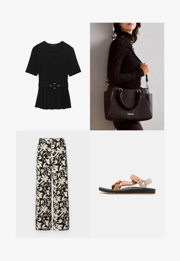Sort kortærmet top lavet af glat materiale, med en peplum-design og en bælte i taljen med to runde, sølvfarvede knapper.; Sorte vide bukser med et mønster af cremefarvede blomster. Lavet af letvægtsstof, som har en glat tekstur og en høj talje.; Fodtøj: flade sandaler med justerbare remme i fersken, tan og creme. Gummisål med struktureret overflade, brune accenter og sort bund.; Sort håndtaske med struktureret overflade, dobbelt topbærere og justerbar skulderrem. Udstyret med guldfarvet metalhardware og sidelommer.